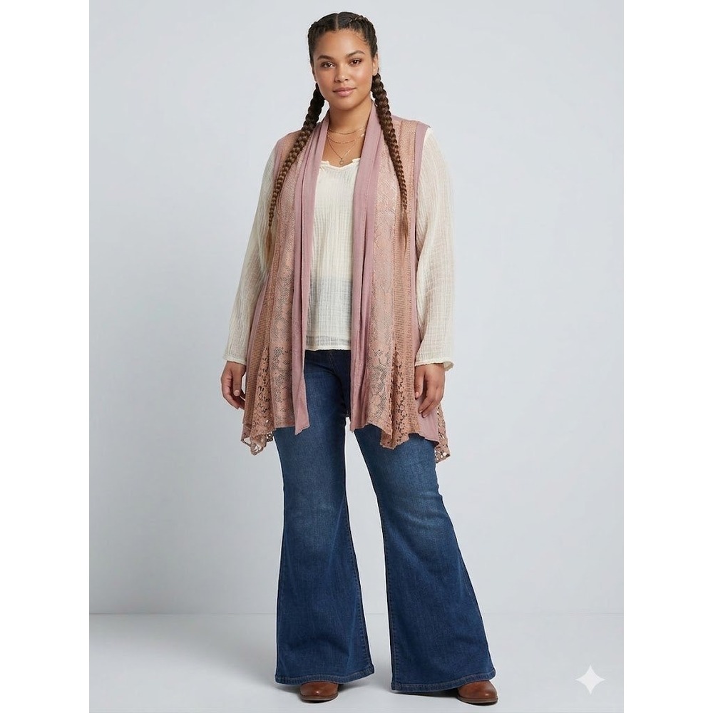 Dusty Rose 2X Mixed Media Lace Crochet Embroidered Open Front Duster/Cardigan